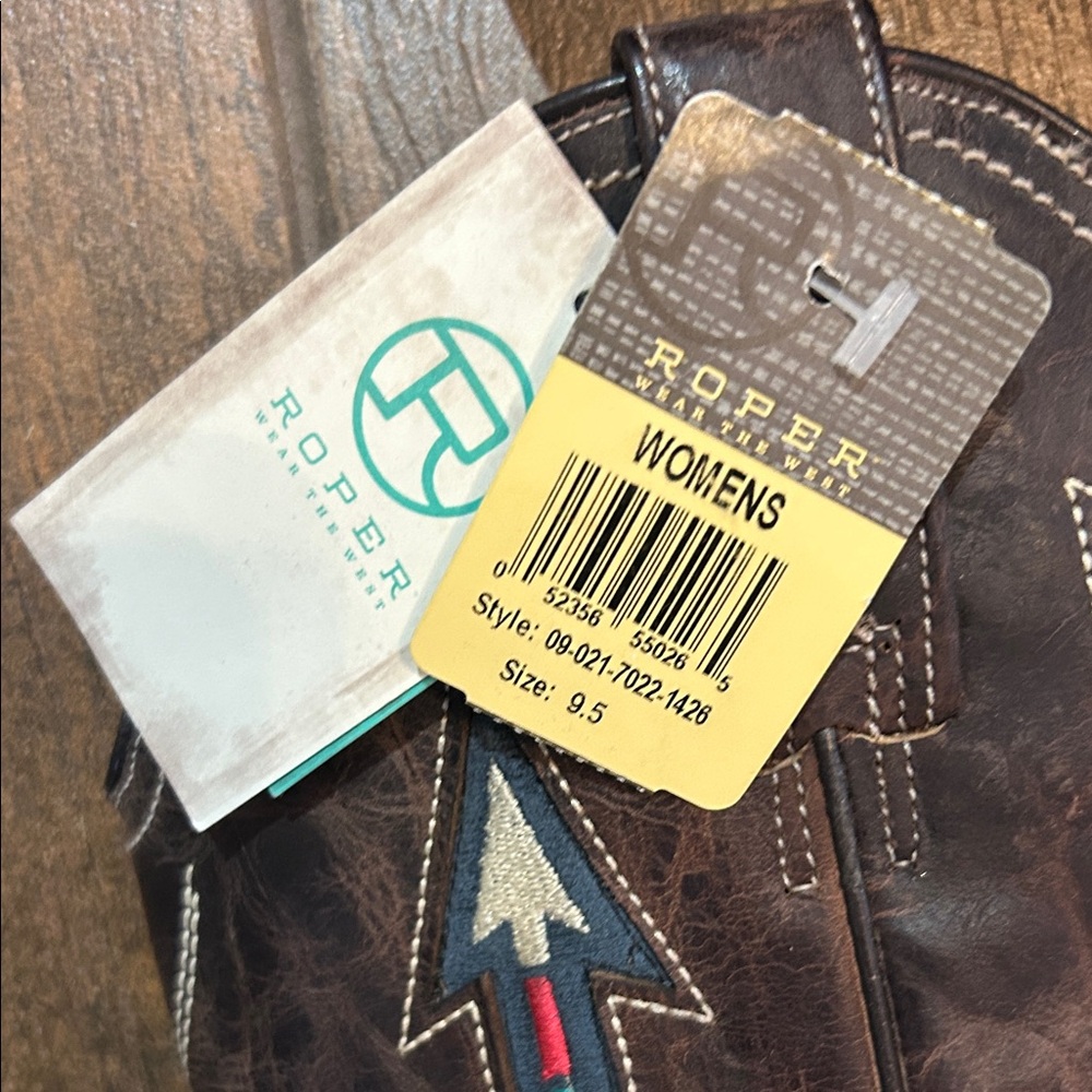 Roper Dark Brown Leather Cowboy Boots with Multicolor Arrow Embroidery - Picture 2 of 5